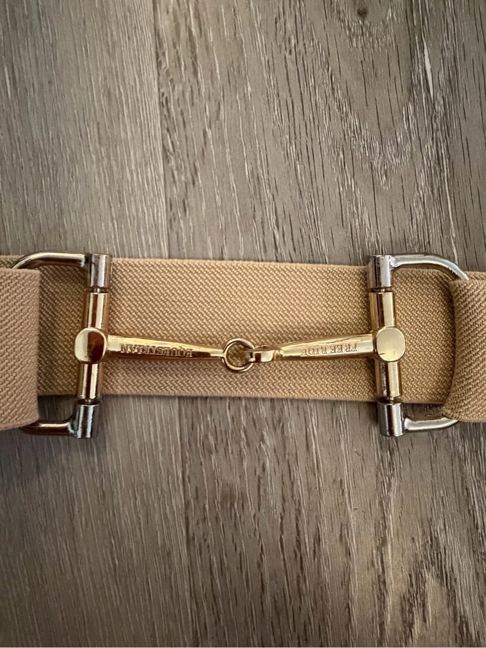 Elastic Tan Waist Belt with Gold Horsebit Accent